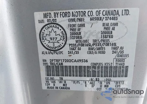 2002 Ford F-150 Xl/Xlt z USA, uszkodzony, nr VIN 2FTRF17202CA49536